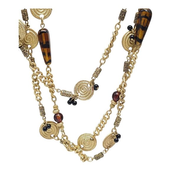 Triple Strand Tiger's Eye Spiral Disc Station Chain Necklace Gold Tone High End - Picture 2 of 5
